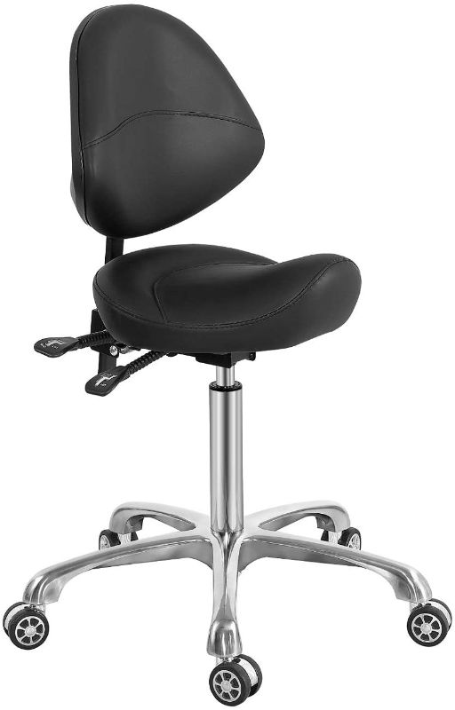 Photo 1 of Saddle Stool Chair with Back Support, Heavy-Duty(350LBS), Hydraulic Rolling Swivel Adjustable Stool Chair for Salon Spa Beauty Massage Dental Clinic Home Office Use (Black)
