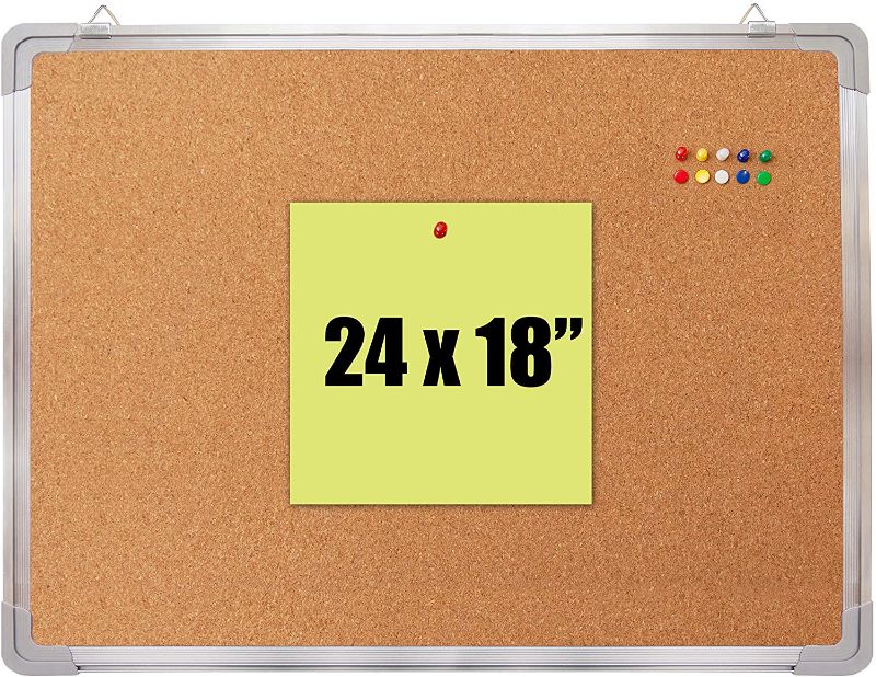 Photo 1 of Cork Board Set - Bulletin Corkboard 24 x 18 inch Framed with 10 Thumb Tacks - Small Wall Hanging Message Memo Pin Tackboard Organizer for Home, Office, Desk and Cubicle (Cork 24x18")
