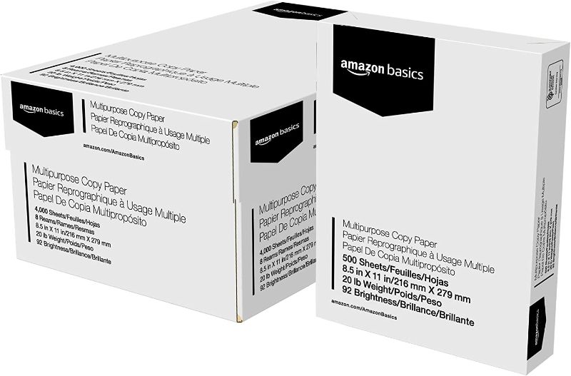 Photo 1 of 
Amazon Basics Multipurpose Copy Printer Paper - White, 8.5 x 11 Inches, 8 Ream Case (4,000 Sheets)
