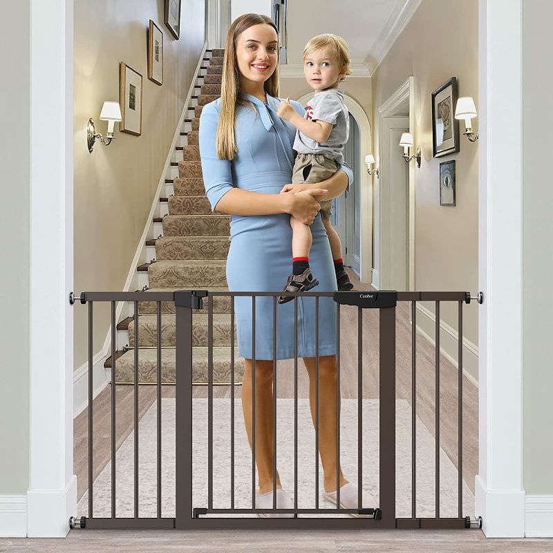 Photo 1 of Cumbor 40.6” Auto Close Safety Baby Gate, Durable Extra Wide Child Gate for Stairs,Doorways, Easy Walk Thru Dog Gate for House. Includes 4 Wall Cups, 2.75-Inch and 5.5-Inch Extension, White
