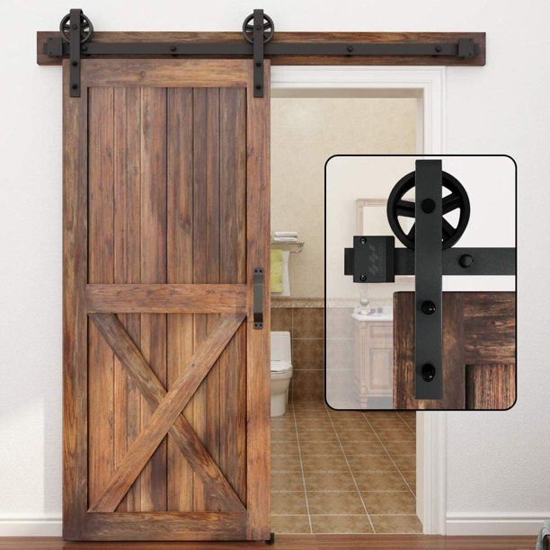 Photo 1 of  4FT Single Wood Sliding Barn Door Hardware Black Finish Big Spoke Roller Style Kit