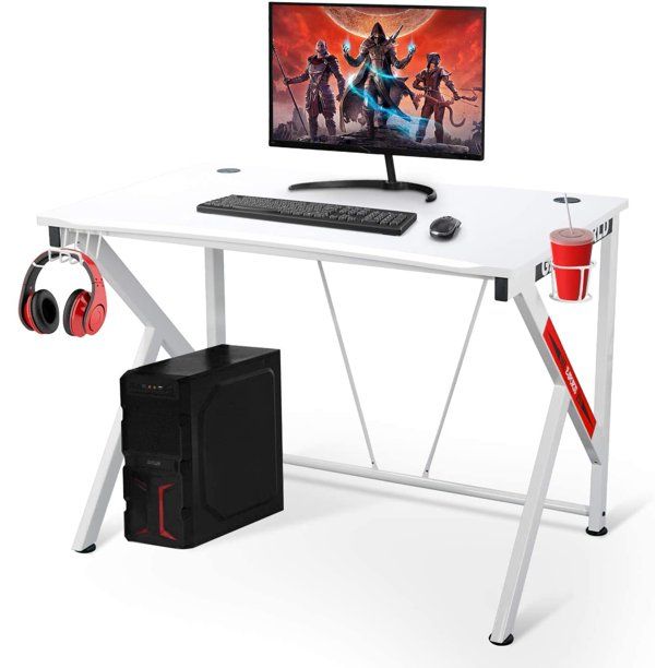 Photo 1 of Ergonomic Gaming Desk 42 Inch K Shaped Computer Table for Home Office Gamer Workstation, White