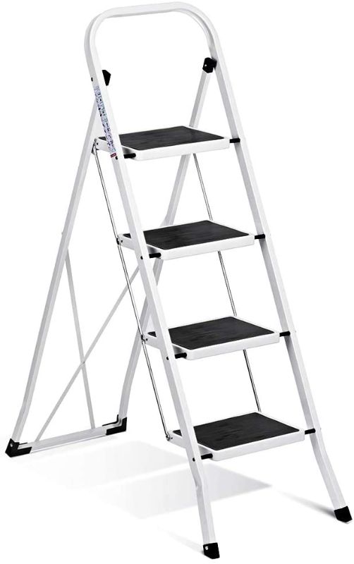 Photo 1 of Delxo Folding 4 Step Ladder Ladder with Convenient Handgrip Anti-Slip Sturdy and Wide Pedal 330lbs Portable Steel Step Stool White and Black 4-Feet