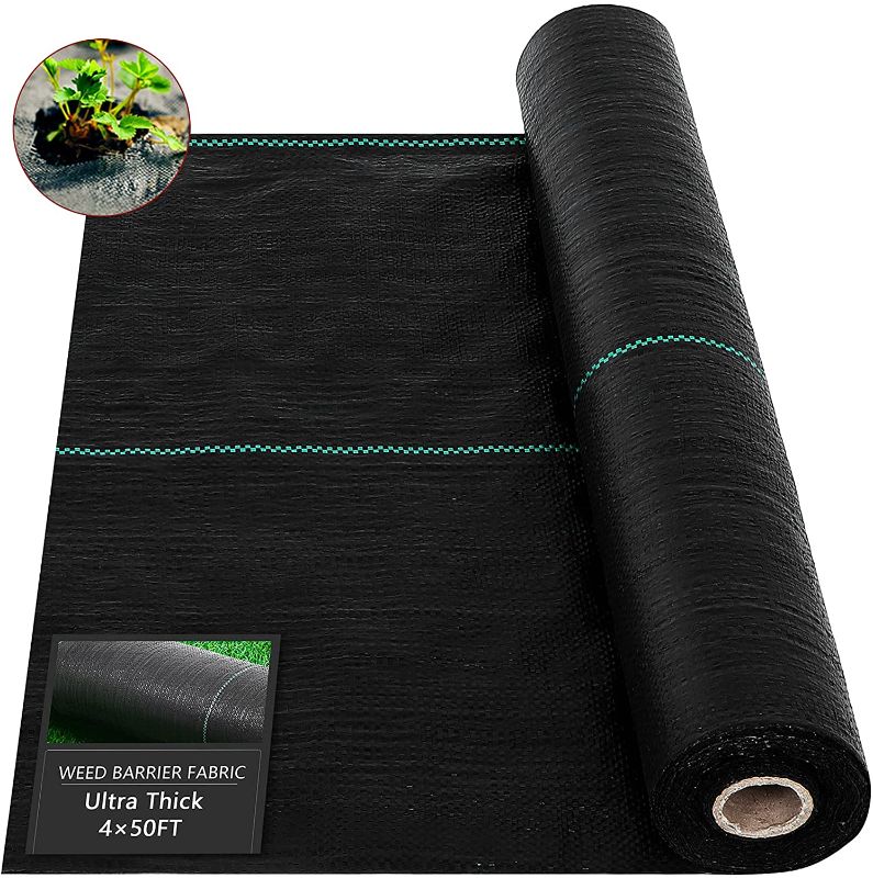 Photo 1 of OLenyer 4x50ft Weed Barrier Landscape Fabric Heavy Duty 3.2oz for Yard Garden Weed Control Ground Cover Greenhouse Black