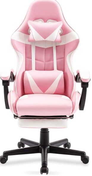 Photo 1 of Soontrans Pink Gaming Chair with Footrest,Lovely Computer Game Chair,Desk Chair for Granddaughter,Sister,Girlfriend,Wife and Love with Headrest,Lumbar Support Gamer Chair (Pink)
