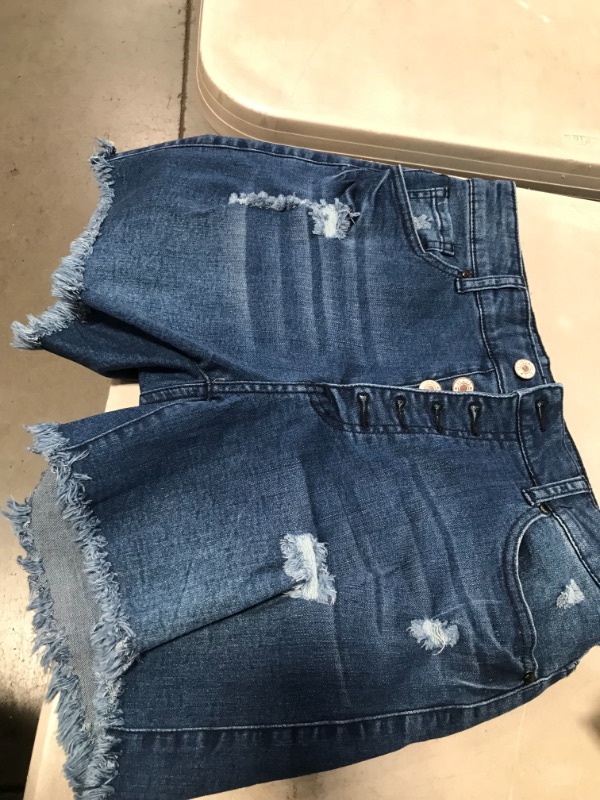 Photo 3 of Blue Frayed Hem Single-breasted Ripped Denim Shorts LC78838-5
size M