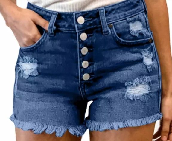 Photo 1 of Blue Frayed Hem Single-breasted Ripped Denim Shorts LC78838-5
size M