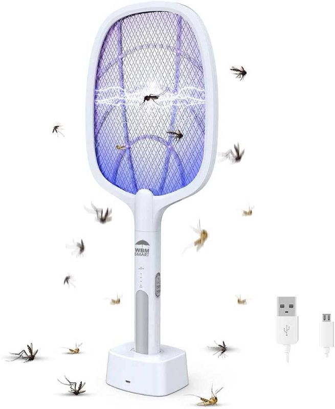 Photo 1 of WBM Smart 2-in-1 Bug Zapper, Mosquitoes Trap Lamp & Racket, USB Rechargeable Electric Fly Swatter for Home and Outdoor - Powerful Grid 3-Layer Safety Mesh Safe to Touch, White
