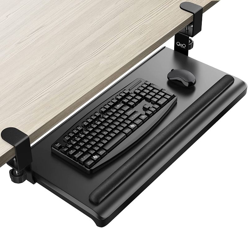 Photo 1 of QooWare Keyboard Tray Under Desk 27.6 x 12.2 Rolling Computer Desk with Gel Wrist Rest, Plastic Sliders - Drawer Mouse Keyboard Stand with Sturdy Mount C-Clamps for Home Office - No Screw into Desk
