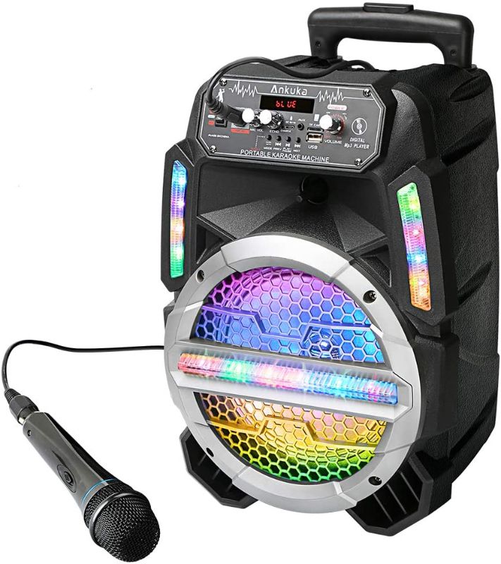 Photo 1 of Ankuka Bluetooth Karaoke Machine for Kids and Adults with Colorful LED Lights, Wireless PA Speaker Sound System with 8'' Subwoofers and Wired Microphone for Party, Singing
