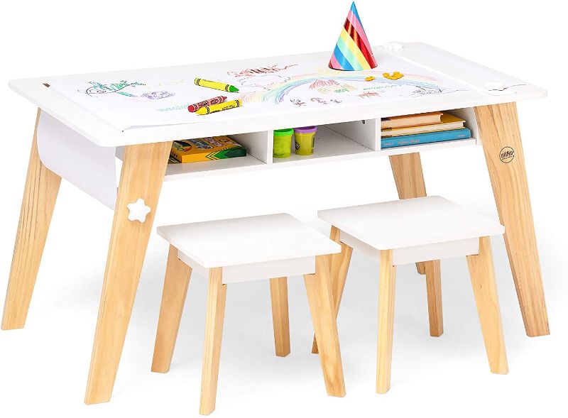 Photo 1 of Wildkin Kids Arts and Crafts Table Set for Boys and Girls, Mid Century Modern Design Craft Table Includes Two Stools, Paper and Storage Cubbies Underneath Helps Keep Art Supplies Organized (White)