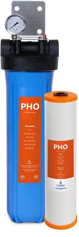 Photo 1 of Express Water WH100SP Anti Scale Whole House Filter – Home Water Filtration System – Polyphosphate Conditioner – Includes Pressure Gauge, Easy Release, and 1” Inch Connections, Blue
