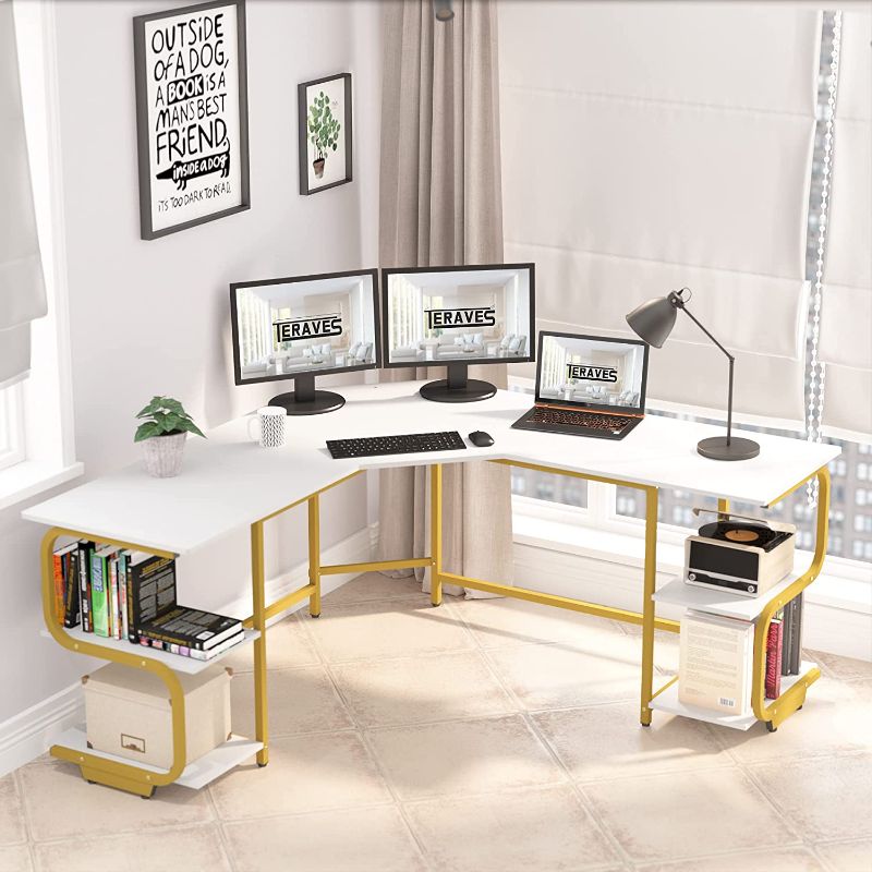 Photo 1 of Teraves Modern L Shaped Desk with Shelves,Computer Desk/Gaming Desk for Home Office,Corner Desk with Large Desktop