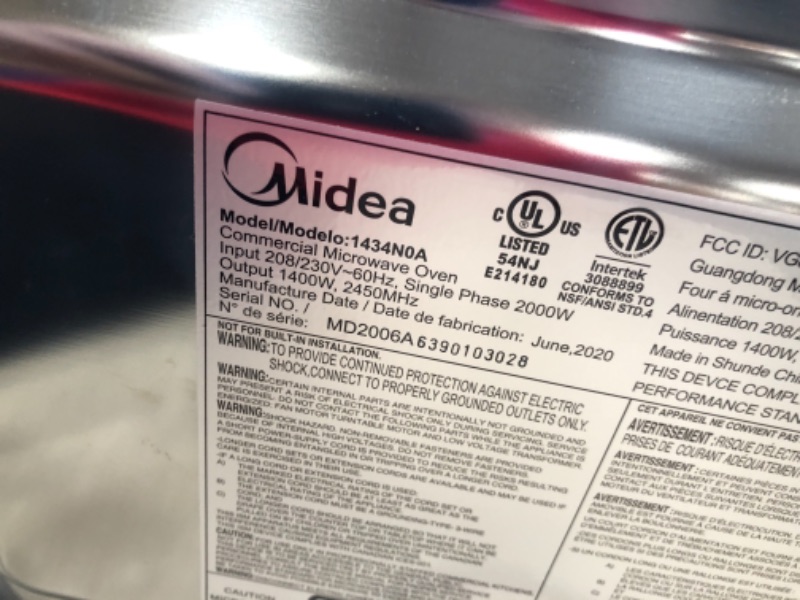 Photo 5 of SEE PICTURE FOR OUTLET NECESSARY
Midea Equipment 1034N0A Stainless Steel Countertop Commercial Microwave Oven, 1000W
