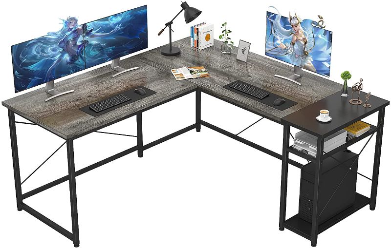 Photo 1 of Ecoprsio L-Shaped Desk Large L Shaped Gaming Desk with Storage Shelves Oak Corner Desk Writing Study Table for Home Office Gaming Workstation, Oak and Black
