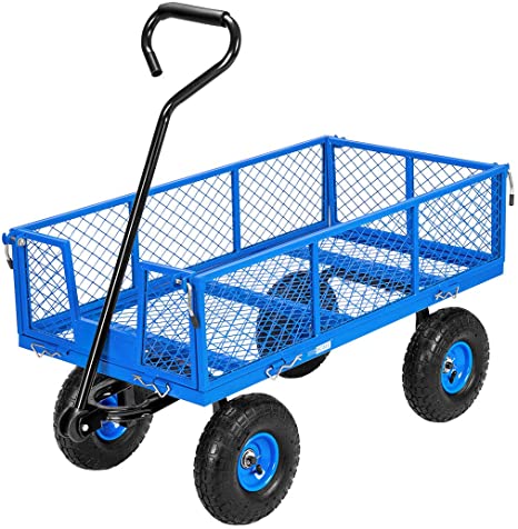 Photo 1 of VIVOHOME Heavy Duty 880 Lbs Capacity Mesh Steel Garden Cart Folding Utility Wagon with Removable Sides and 4.10/3.50-4 inch Wheels (Blue)
