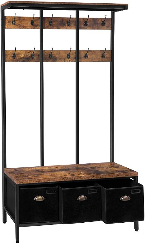 Photo 1 of HOOBRO Coat Rack Shoe Bench, Large Hall Tree with 3 Storage Boxes, Top Storage Shelf and 12 Hooks, Industrial Entryway Bench, 4-in-1 Design, in Hallway, Living Room, Metal Frame, BF33MT01
