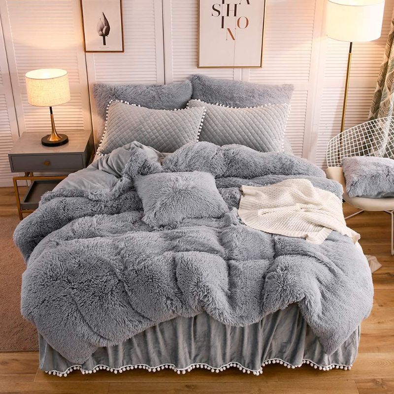 Photo 1 of LIFEREVO Luxury Plush Shaggy Duvet Cover Set (1 Faux Fur Duvet Cover + 1 Pompoms Fringe Pillow Sham) Solid, Zipper Closure (Twin, Gray)