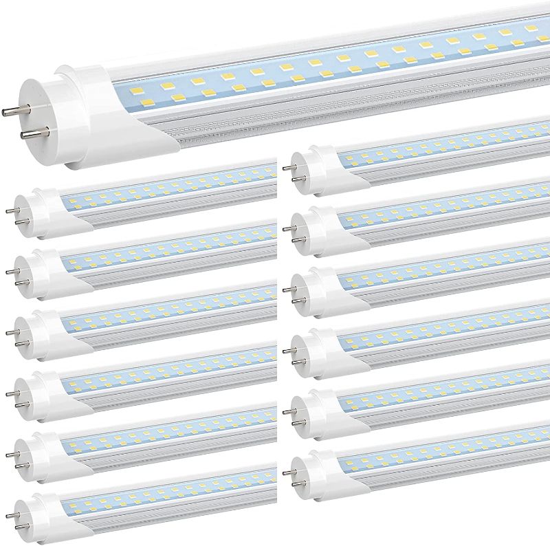 Photo 1 of JESLED 4FT T8 LED Tube Light Bulbs, 24W 5000K Daylight White, 3000LM, 4 Foot T12 LED Replacement for Flourescent Tubes, Ballast Bypass, Dual-end Power, Clear, Garage Warehouse Shop Lights (12-Pack)
