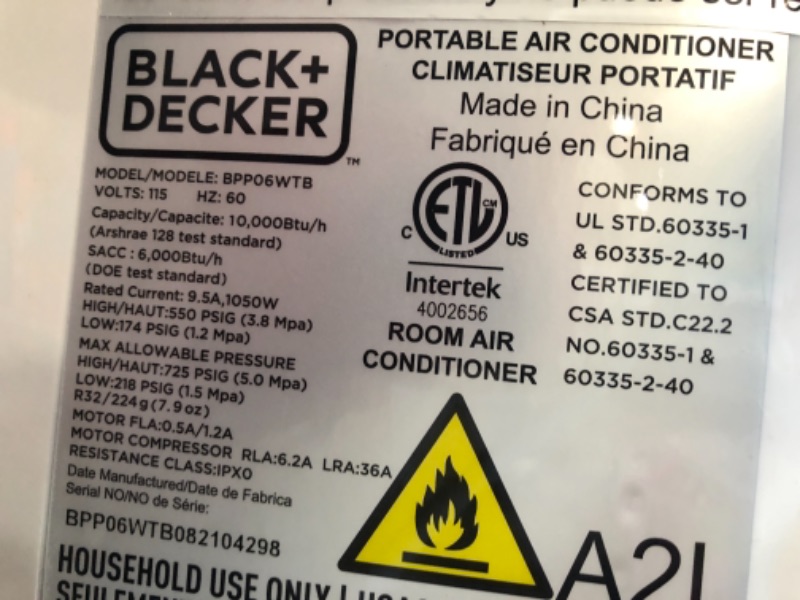 Photo 4 of BLACK+DECKER BPP06WTB Portable Air Conditioner with Remote Control, 10,000 BTU, Cools Up to 250 Square Feet, White
DOES NOT TURN ON.