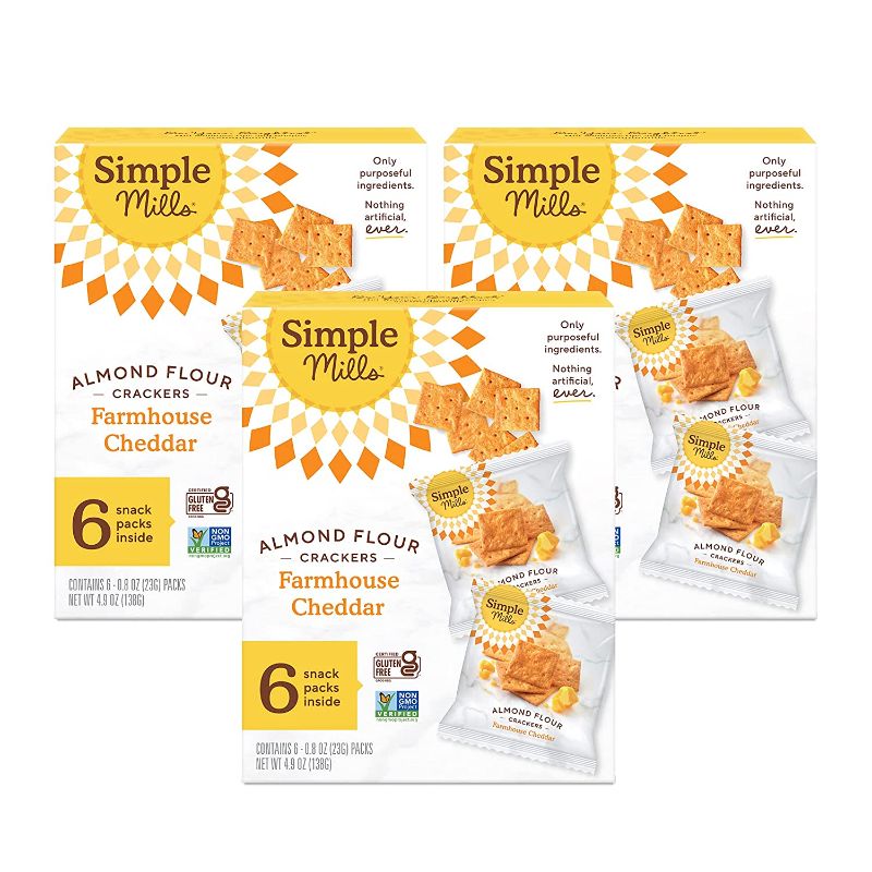 Photo 1 of Simple Mills Almond Flour Crackers, Farmhouse Cheddar Snack Packs, Gluten Free, Flax Seed, Sunflower Seeds, Corn Free, Good for Snacks, 3 Count (6 Bags per Box), (Packaging May Vary) 6 BOXED EXP 7/28/21