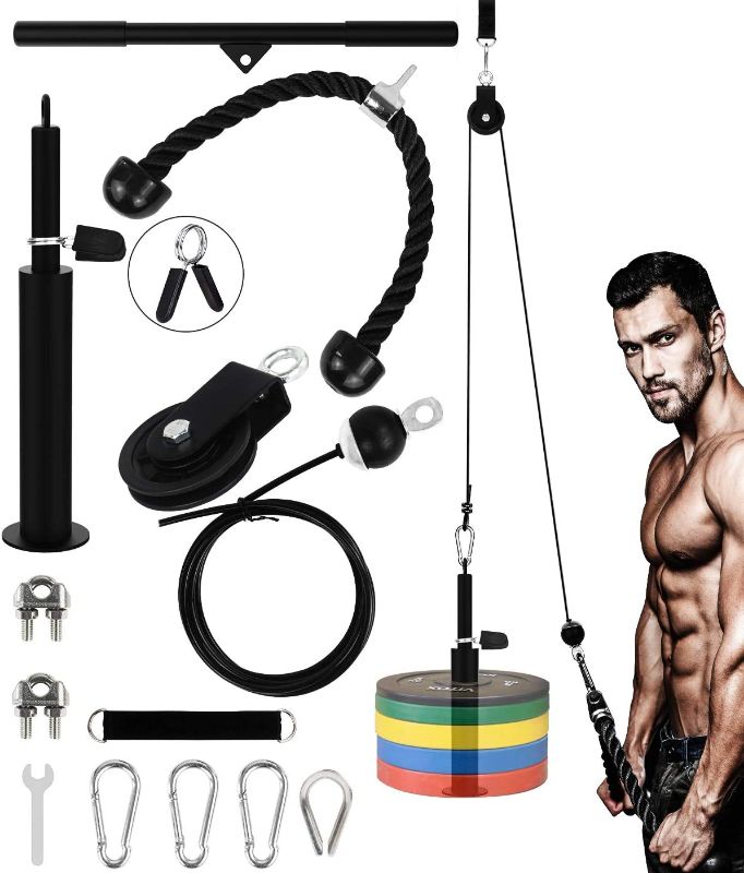 Photo 1 of ***WEIGHTS NOT INCLUDED*** YaNovate LAT Pull Down & Lift Up Pulley System Gym with Widen Loading Pin, Tricep Rope, Curl Bar, 90” Adjustable Cable for Olympic Weights Pulldowns Exercise Machine, Home Gym Workout Equipment
