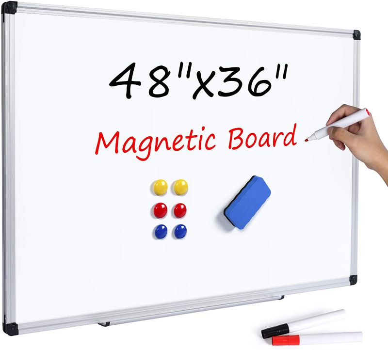 Photo 1 of T-SIGN Magnetic Dry Erase Whiteboard 48 x 36 Inch, 4 x 3 Large White Board, Silver Aluminum Frame Wall-Mounted, Magnetic Eraser, 2 Whiteboard Pen, Detachable Marker Tray, 6 Magnets for Office, School
SMALL DENT MISSING MAGNETS AND TRAY.