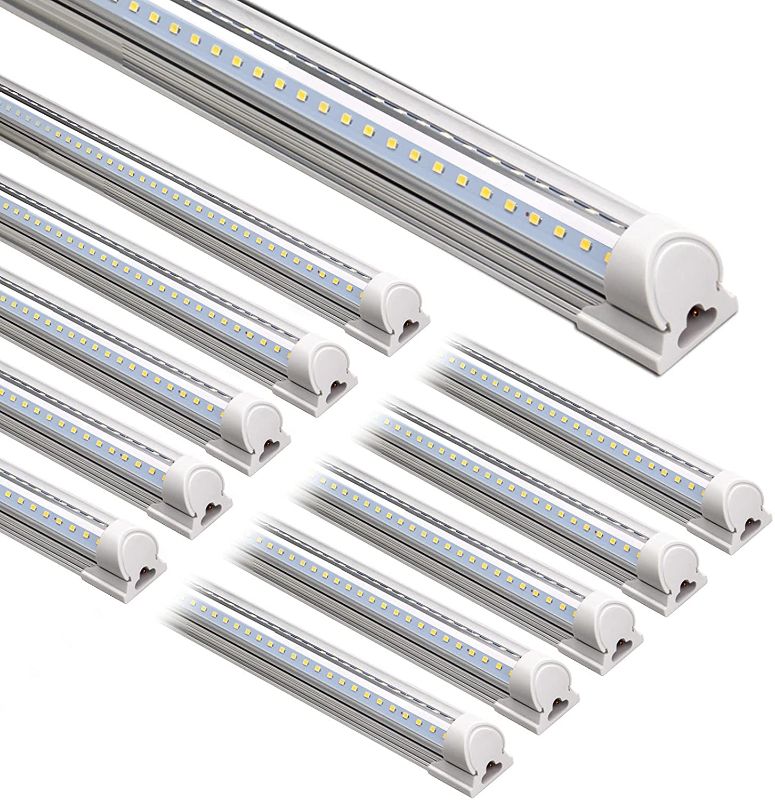 Photo 1 of Barrina LED Shop Light, 8FT 72W 9000LM 5000K, Daylight White, V Shape, Clear Cover, Hight Output, Linkable Shop Lights, T8 LED Tube Lights, LED Shop Lights for Garage 8 Foot with Plug (Pack of 10) DENTED.
