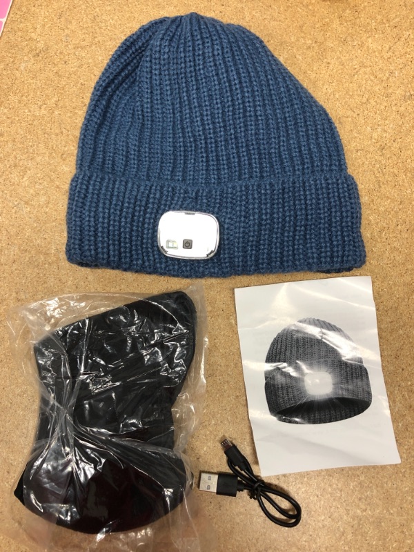 Photo 1 of KNITTED RECHARGABLE LED LIGHT BEANIE CAP, BLUE GREY