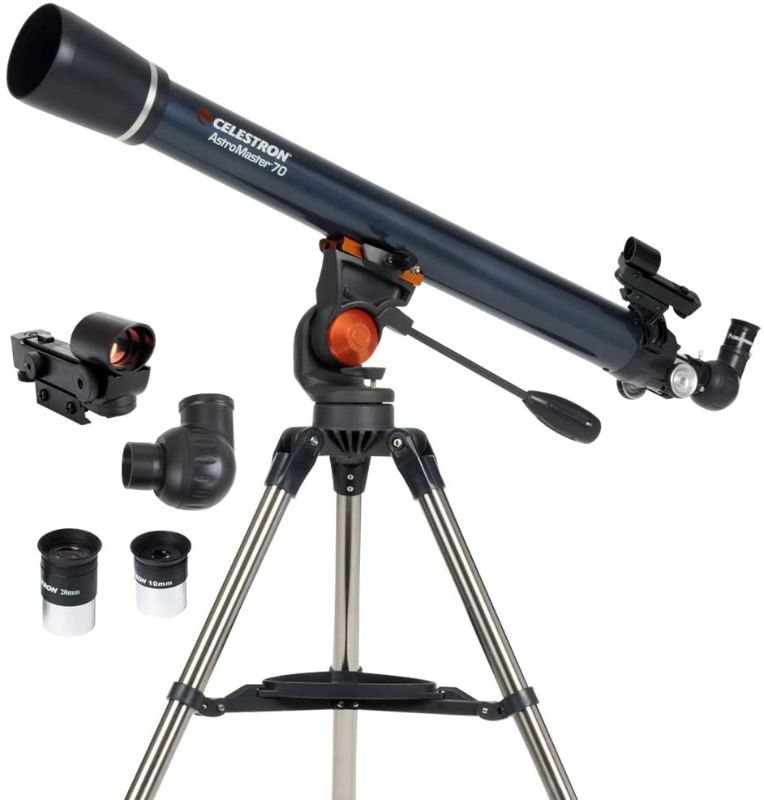 Photo 1 of Celestron - AstroMaster 70AZ Telescope - Refractor Telescope - Fully Coated Glass Optics - Adjustable Height Tripod – Bonus Astronomy Software Package
