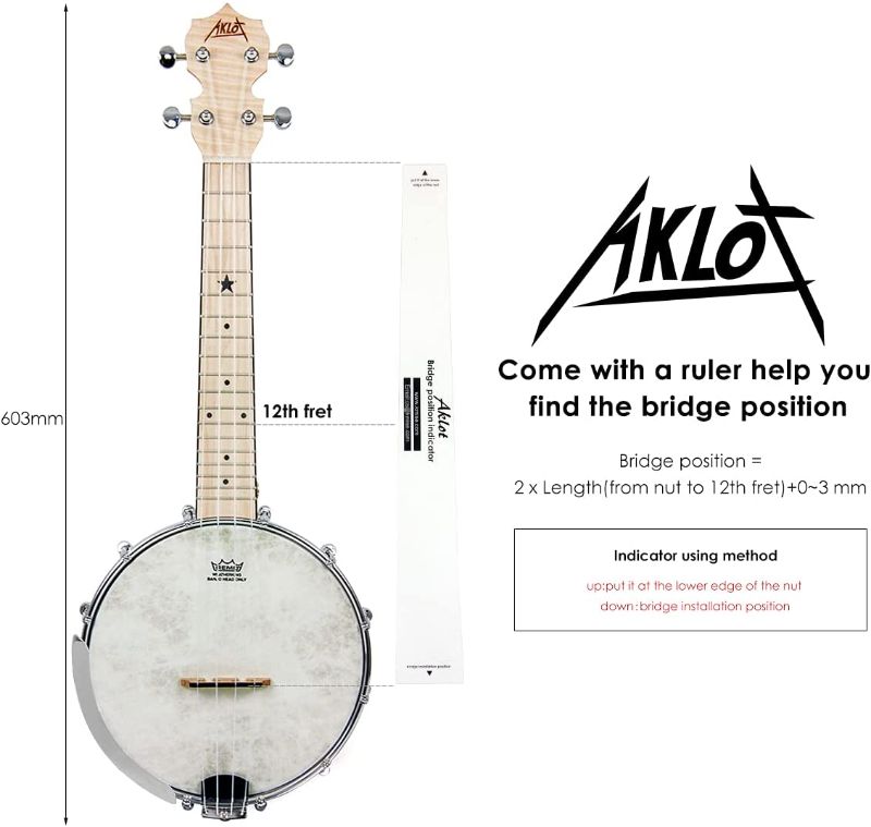 Photo 1 of AKLOT Banjo Ukulele Concert 23 inch Remo Drumhead Open Back Maple Body 15:1 Advanced Tuner with Two Way Truss Rod Gig Bag Tuner String Strap Picks
