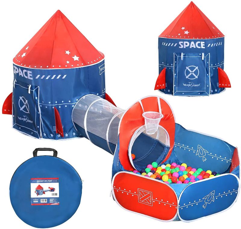 Photo 1 of EagleStone 3 in 1 Kids Tunnel Play Tent for Toddlers with Ball Pit, Baby Crawl Tunnel with Basketball Hoop, Space Playhouse Toy for Boys Girls Indoor and Outdoor, Rocket Ship Design, No Ball Included
