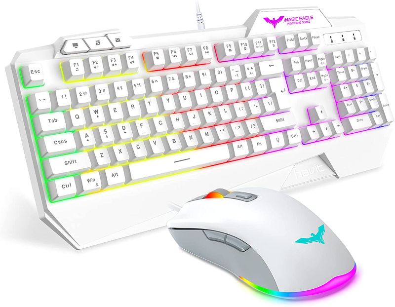 Photo 1 of havit Keyboard Rainbow Backlit Wired Gaming Keyboard Mouse Combo, LED 104 Keys USB Ergonomic Wrist Rest Keyboard, 4800 DPI Mouse for PC Gamer (White)
