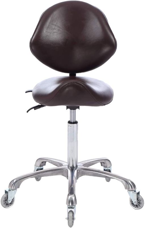 Photo 1 of FRNIAMC Rolling Saddle Stool with Backrest Height Adjustable Ergonomic Design Office Chair with Wheels for VR Gaming Beauty Salon Medical Clinic Kitchen Studio Home Office Use(Brown)