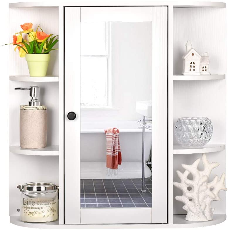 Photo 1 of OKIDA Bathroom Wall Mounted Cabinet, Toilet Bathroom Spacesaver, Multipurpose Kitchen Medicine Storage Organizer with Single Mirror Door and Adjustable Shelf (White)
