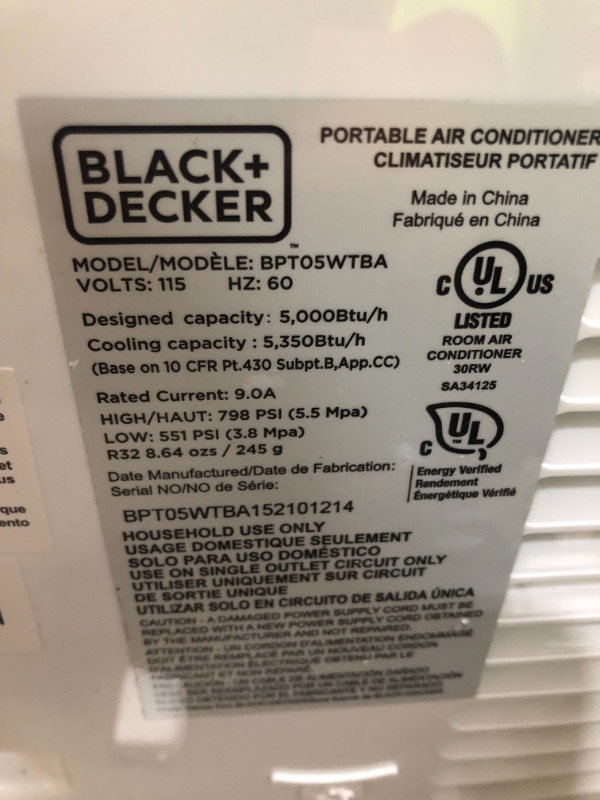 Photo 3 of ***PARTS ONLY*** BLACK+DECKER BPT05WTBA Portable Air Conditioner with Remote Control, 5,000 BTU SACC/CEC (8,500 BTU ASHRAE), Cools Up to 150 Square Feet, WhiteFollow Me Remote
