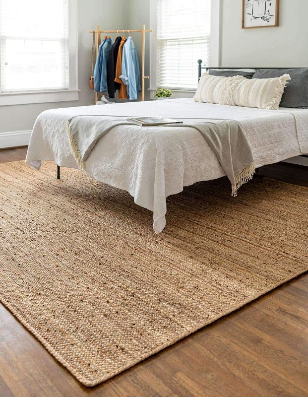 Photo 1 of 100% Jute Area Rug 8 x 10 Feet - Braided Design Hand Woven Natural Carpet - Home Decor for Living Room, Hallways, Rectangle Natural Fibres