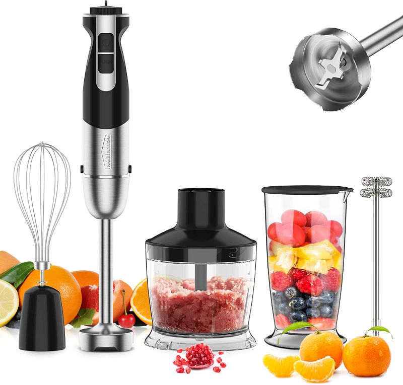 Photo 1 of [Upgraded] 5-In-1 Immersion Blender Hand Blender, healthomse 800W 12-Speed Powerful Stainless Steel Stick Blender with Milk Frother,Egg Whisk, 4-Blades 500ml Chopper and 700ml Beaker with Lid
