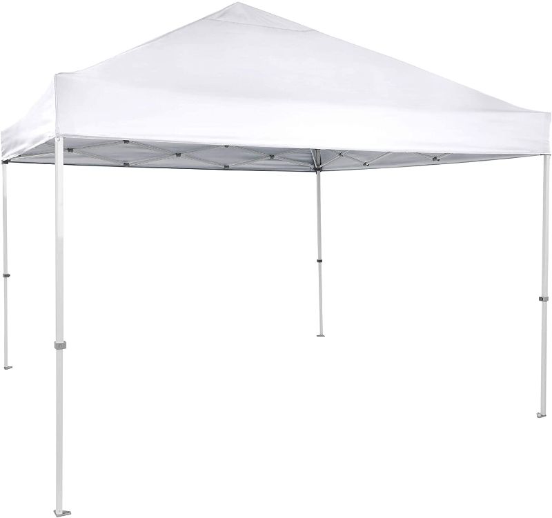 Photo 1 of Amazon Basics Outdoor One-push Pop Up Canopy, 9ft x 9ft Top Slant Leg with Wheeled Carry, White
