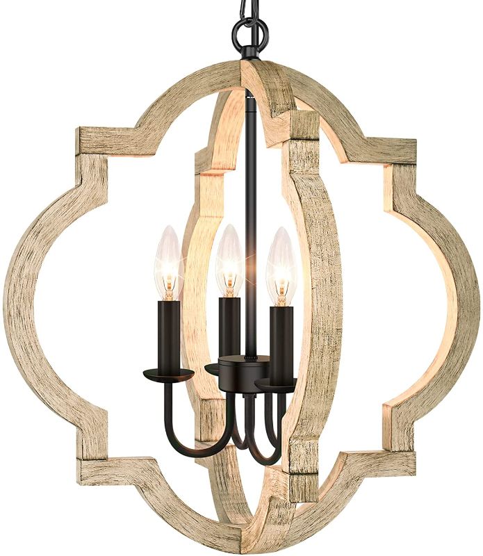 Photo 2 of 4-Light Farmhouse Chandelier Ceiling Light, Rustic Wood Hanging Light Orb Pendant Chandelier With Adjustable Hanging Chain, Vintage Chandelier For Dining Room Kitchen Foyer Hallway?Bulbs Not Included)**CHANDELIER IS BROKEN REFER TO PHOTO**
