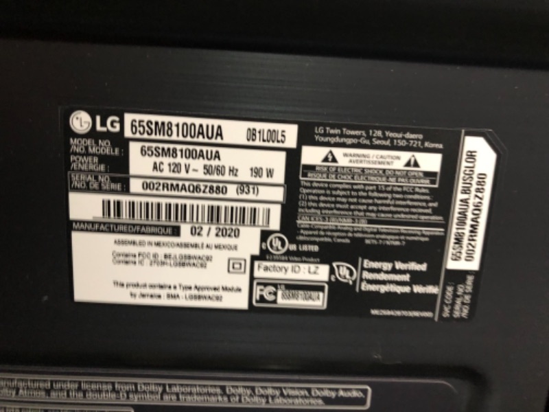 Photo 4 of LG 65 Inch Class 8 Series 4K (2160P) Ultra HD Smart LED HDR NanoCell TV 65SM8100AUA 2019 Model
**MINOR PIXLE DAMAGE REFER TO PHOTO**