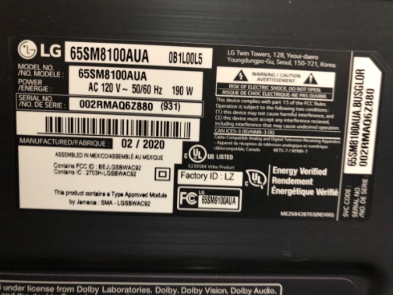 Photo 2 of LG 65 Inch Class 8 Series 4K (2160P) Ultra HD Smart LED HDR NanoCell TV 65SM8100AUA 2019 Model
**MINOR PIXLE DAMAGE REFER TO PHOTO**