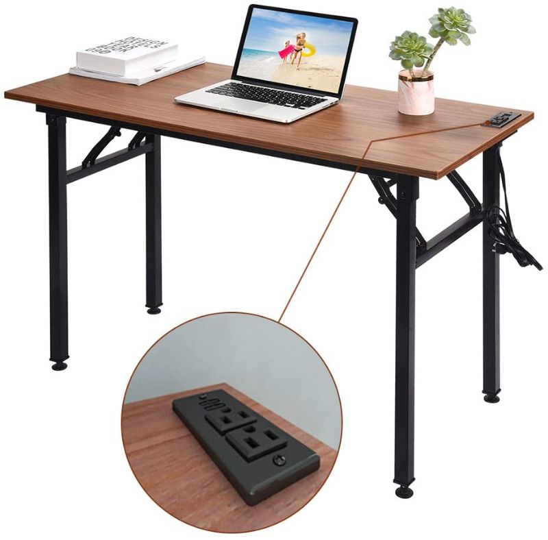 Photo 1 of Frylr Folding Computer Desk with Plugs & USB Ports, Home Office Desks Foldable 43.3x19.6x29.5 Inch Study Table for Student Writing Desk for PC/Laptop, No Installation, Walnut + Black Leg
