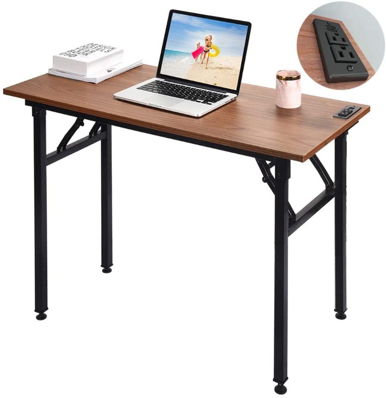 Photo 1 of Frylr Small Computer Desk Folding 31.5''X 15.7''X 29'' with 2 Power Sockets and 2.1A USB Charging Ports, Office Desk Portable Student Writing Desks for Small Space, Home Office, Walnut+ Black Leg
