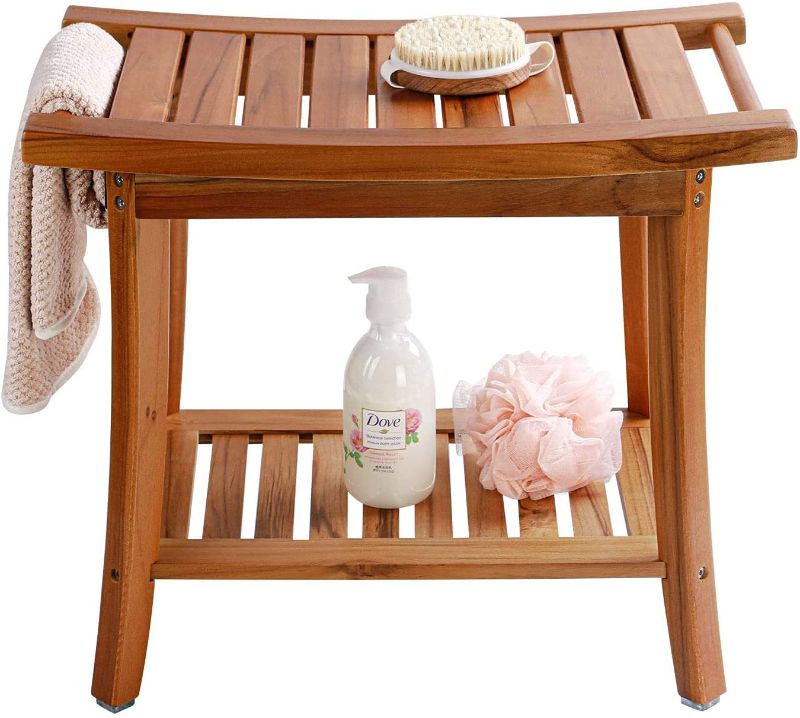 Photo 1 of  Shower Bench Seat with Handles, Portable Wooden Spa Bathing Stool with Storage Towel Shelf, 22" x 13" x 18.6 inches ",Waterproof,Perfect for Indoor and Outdoor Use
