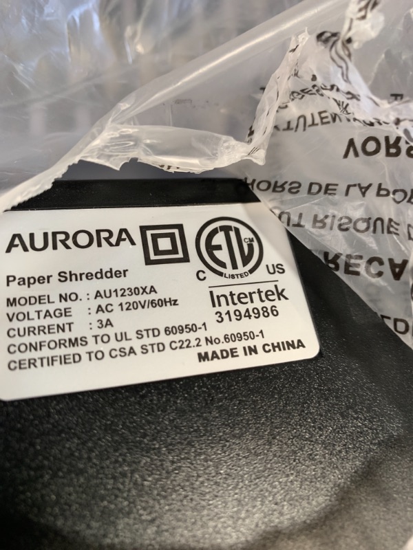 Photo 3 of Aurora AU1230XA Anti-Jam 12-Sheet Crosscut Paper and Credit Card Shredder with 5.2-Gallon Wastebasket