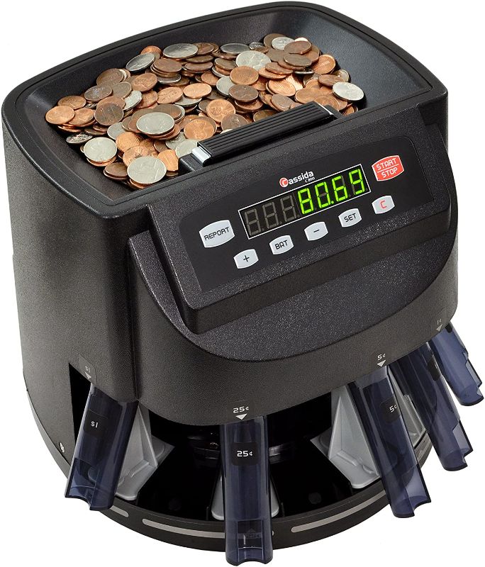 Photo 1 of Cassida C200 Coin Counter, Sorter and Wrapper | Counts, Sorts and Rolls 1¢, 5¢, 10¢, 25¢ and Dollar Coins up to 300 Coins Per Minute | Batch & Add Features | Included 5 Coin Bins, 5 Tubes & Wrappers
