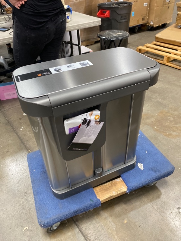 Photo 5 of 58-Liter Nano-Silver Clear Coat Brushed Stainless Steel Dual Compartment Rectangular Recycling Step-On Trash Can DAMAGED FROM SHIPPING PLEASE SEE PHOTOS 