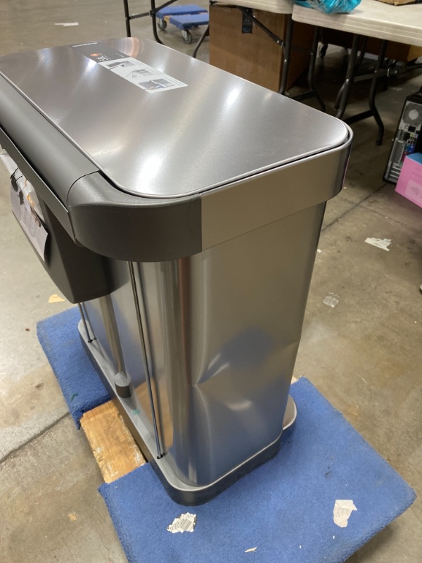 Photo 4 of 58-Liter Nano-Silver Clear Coat Brushed Stainless Steel Dual Compartment Rectangular Recycling Step-On Trash Can DAMAGED FROM SHIPPING PLEASE SEE PHOTOS 