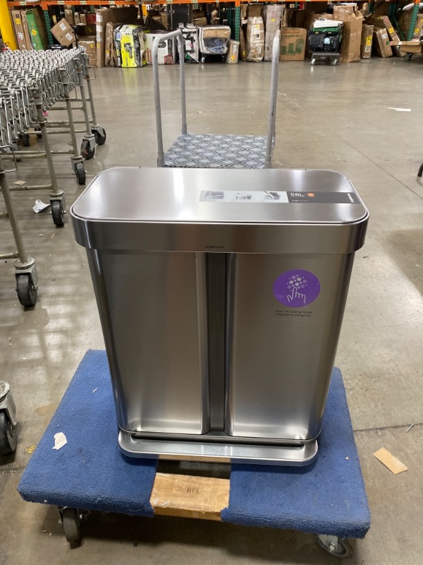 Photo 2 of 58-Liter Nano-Silver Clear Coat Brushed Stainless Steel Dual Compartment Rectangular Recycling Step-On Trash Can DAMAGED FROM SHIPPING PLEASE SEE PHOTOS 